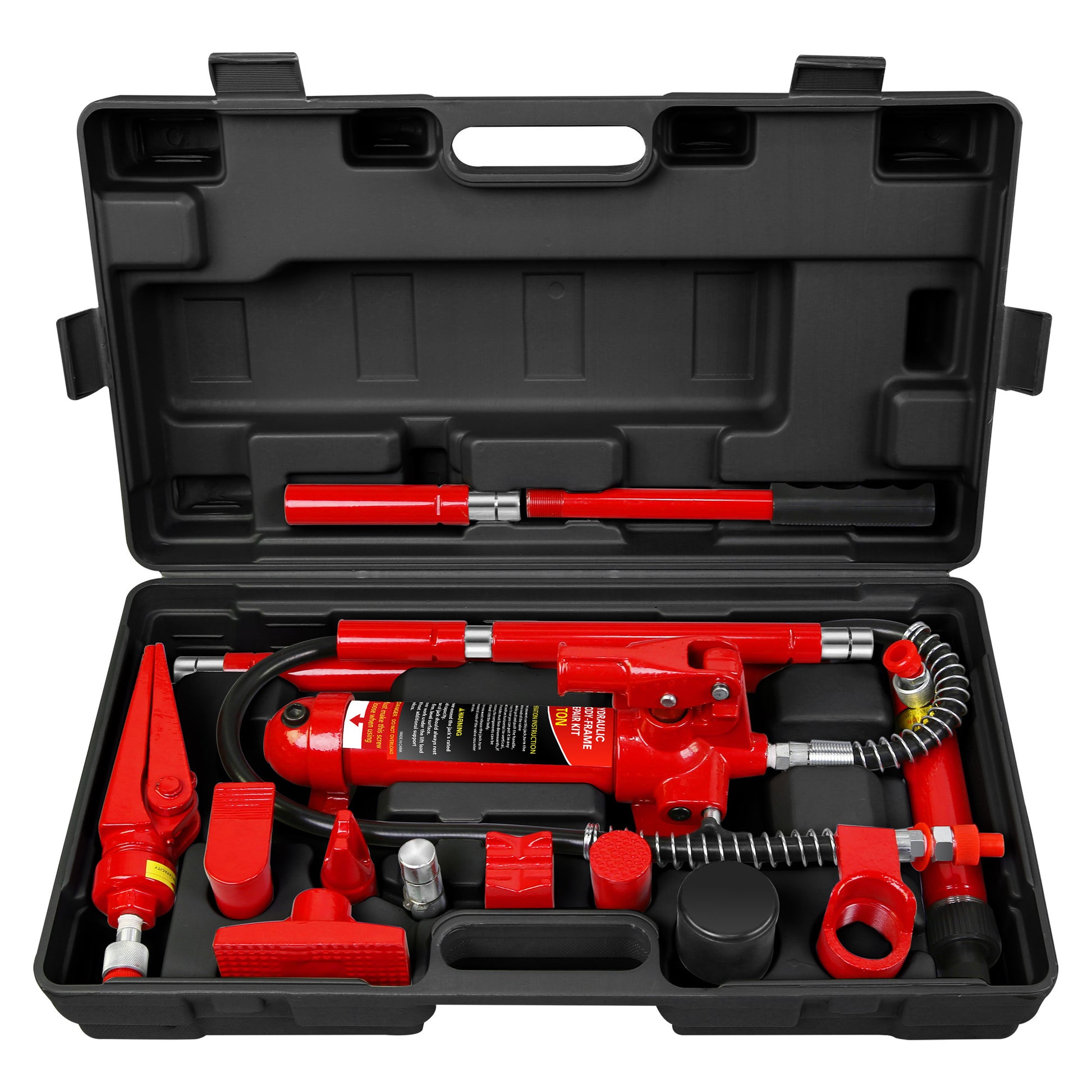 4 Ton Porta Power Kit, Portable Hydraulic Jack With Oil Hose, Auto Body Frame Repair Kit With Storage Case For Car Repair, Truck, Farm Red Steel