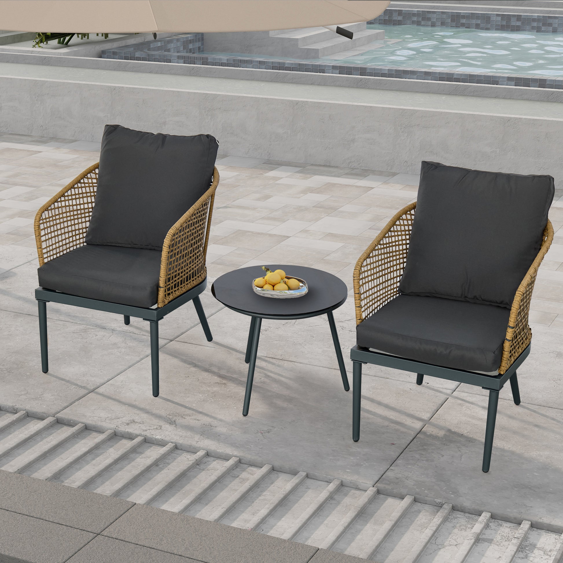 Outdoor Wicker Chairs And Table Bistro Conversation Furniture Set, 3 Pieces For Porch, Balcony, Deck, Patio, Backyard, Natural Color Gray Aluminum