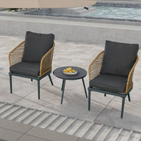 Outdoor Wicker Chairs And Table Bistro Conversation Furniture Set, 3 Pieces For Porch, Balcony, Deck, Patio, Backyard, Natural Color Gray Aluminum