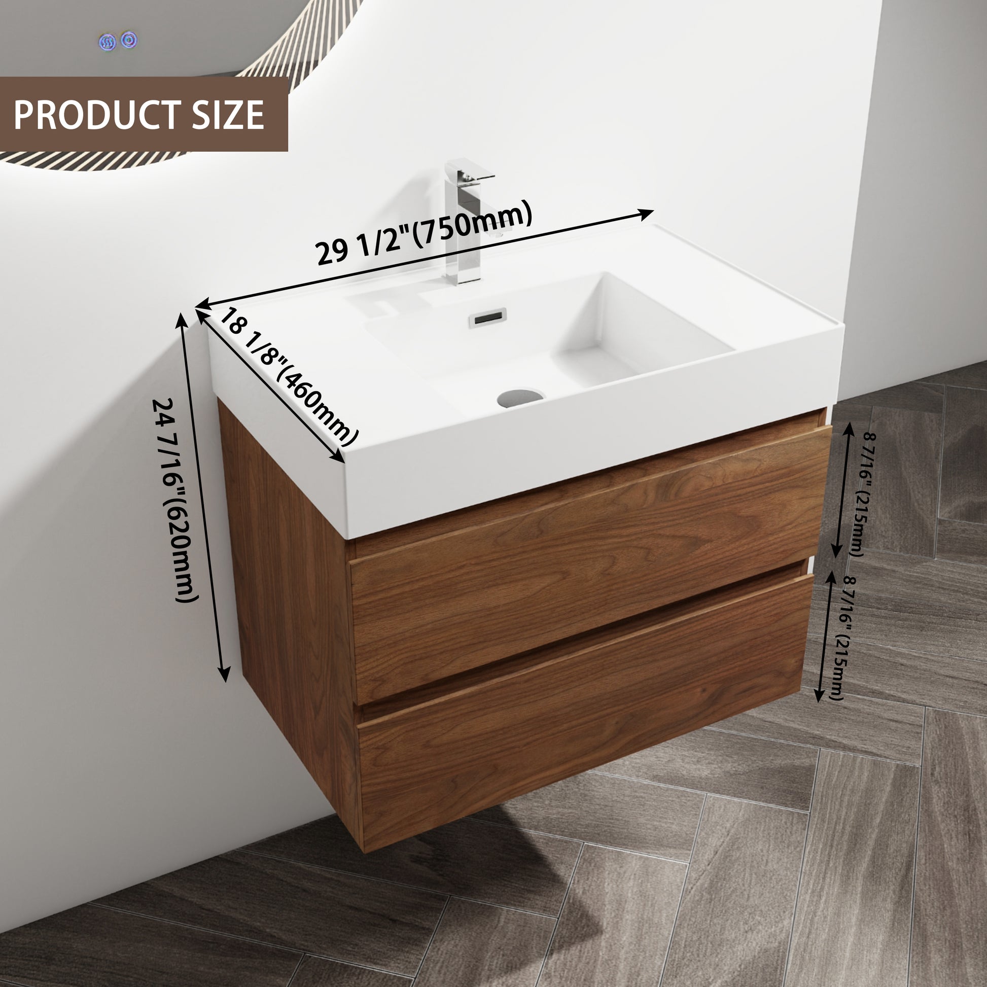 30" Wall Mounted Bathroom Vanity With Resin Sink, 2 Soft Close Drawers, Kd Package 2 Brown Oak Bathroom Wall Mounted Modern Plywood