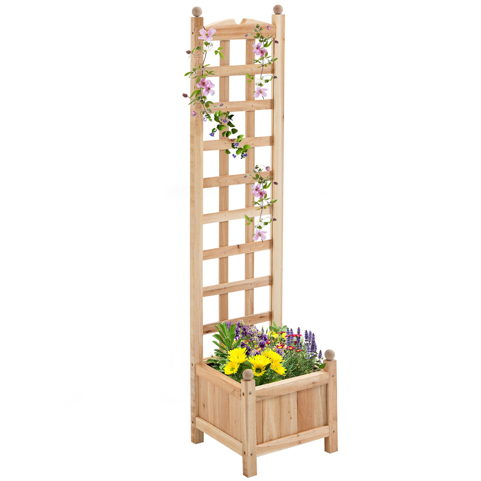 Outsunny Wooden Raised Garden Bed With Trellis, Outdoor Planter Box With Drainage Crevices For Climbing Vine Plants Flowers, 12" X 12" X 49" Natural Wood