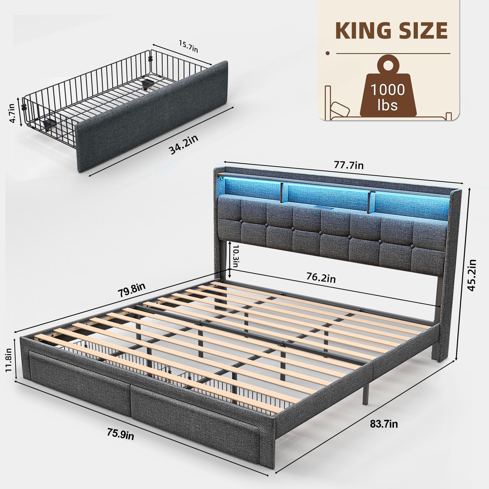 Bed 778King Dg Clb King Dark Gray Wood Fabric