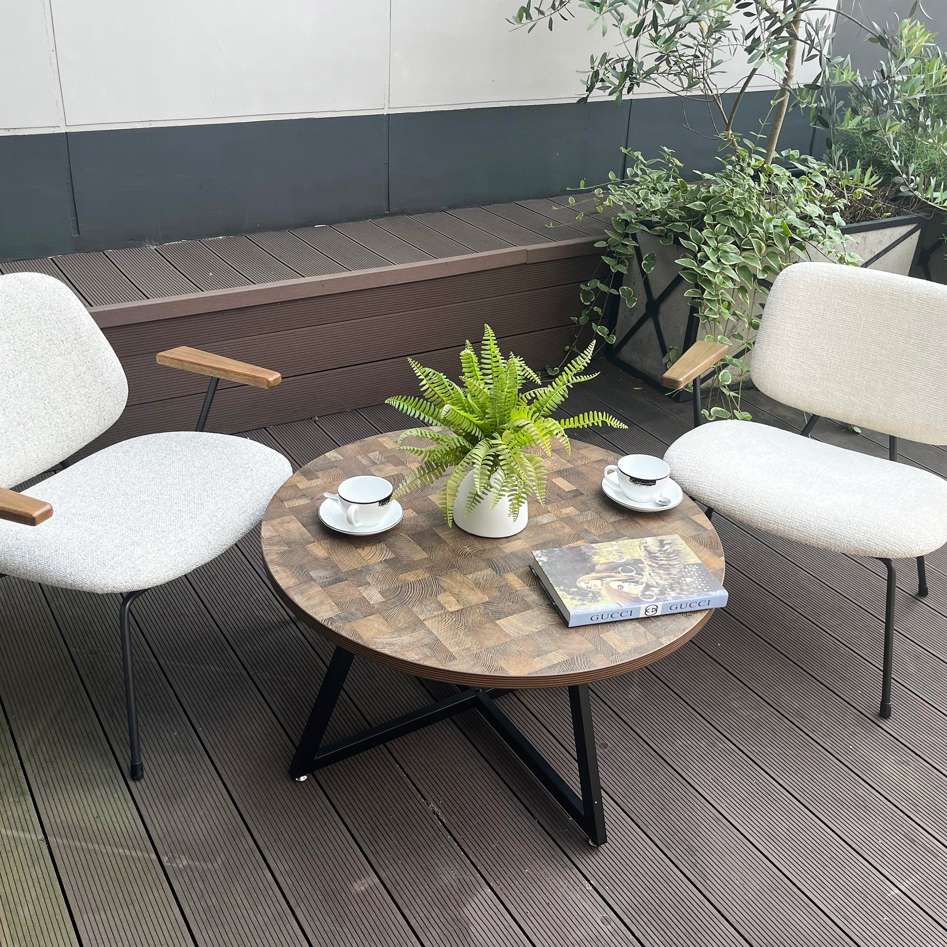 Round Coffee Table Wood Grain And Black Metal Brown Brown Dining Room Mdf Mdf Iron