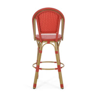 29.5" Outdoor Pe Rattan And Aluminum French Barstools, Set Of 2, Red And Bamboo Finish No Red Rust Resistant Frame Garden & Outdoor French 2 Person Seating Group Aluminum,Wicker