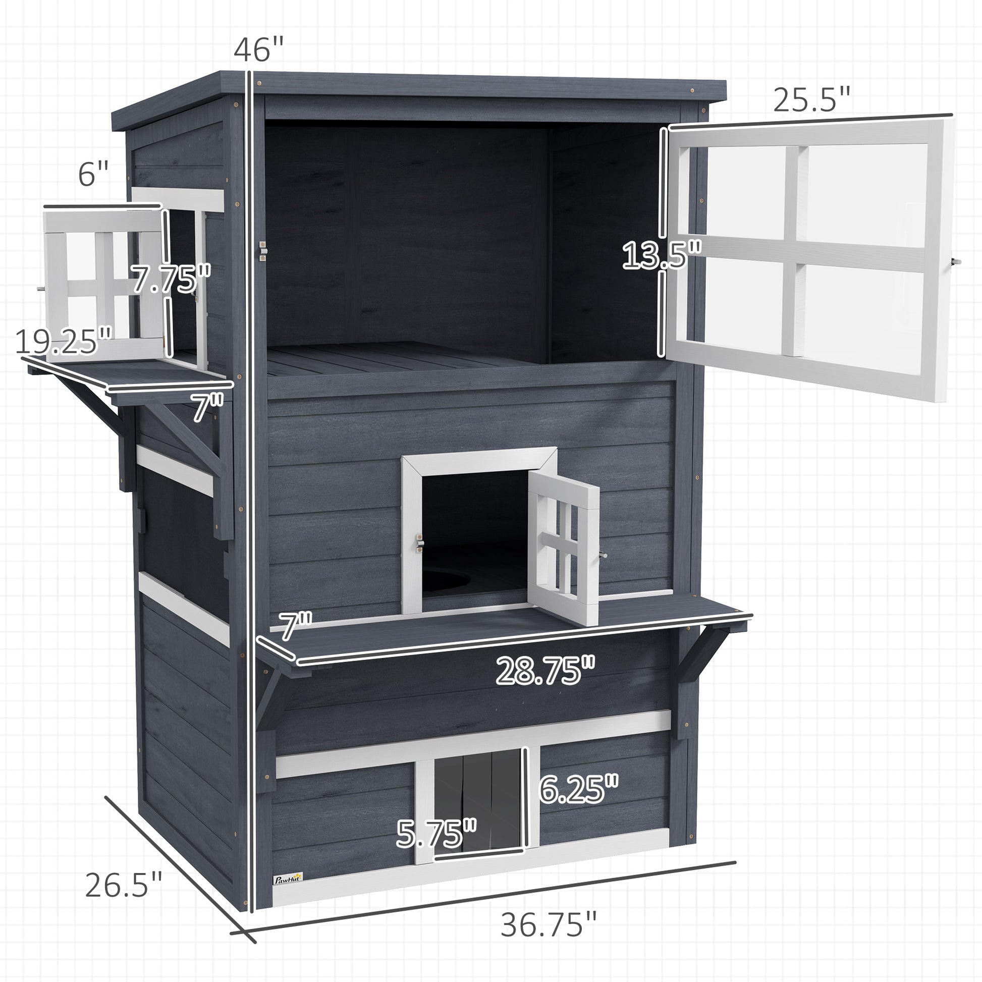 Pawhut 3 Story Cat House Feral Cat Shelter, Outdoor Kitten Condo With Raised Floor, Asphalt Roof, Escape Doors, Jumping Platforms, Dark Gray Dark Gray Wood