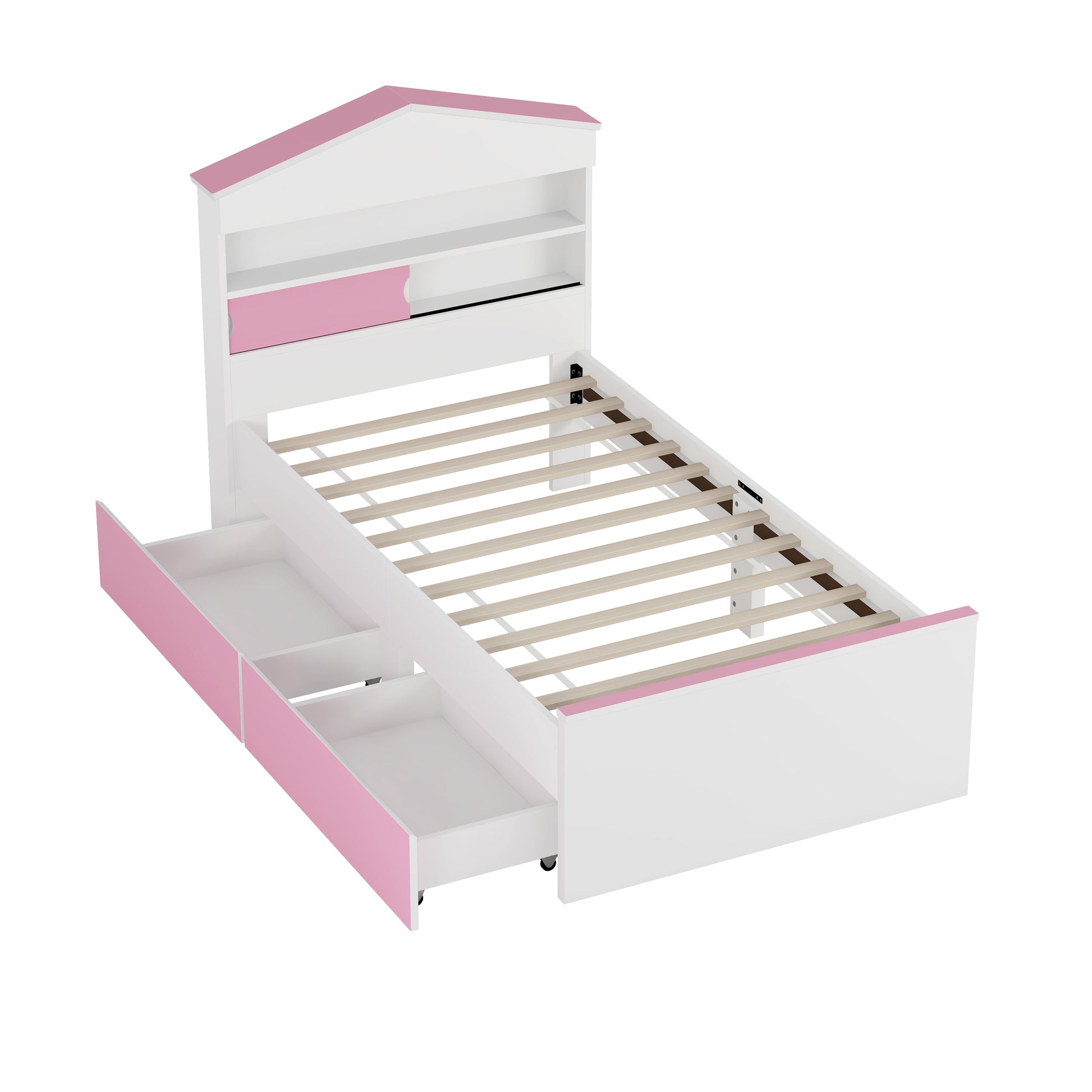 Twin Size House Shaped Wooden Bed With Storage Shelf On The Headboard, Built In Two Storage Drawers, Pink Pink White Wood