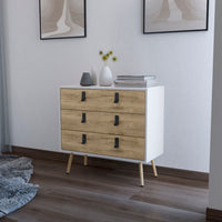 Kimball 3 Drawer Dresser, Modern Chic Storage With Wooden Legs Multicolor Particle Board Engineered Wood