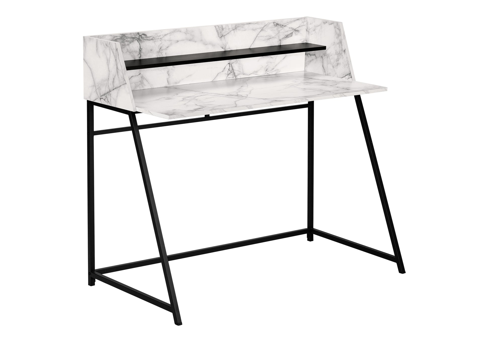 Computer Desk, Home Office, Laptop, Storage Shelves, 48"L, Work, White Marble Look Laminate, Black Metal, Contemporary, Modern White Particle Board