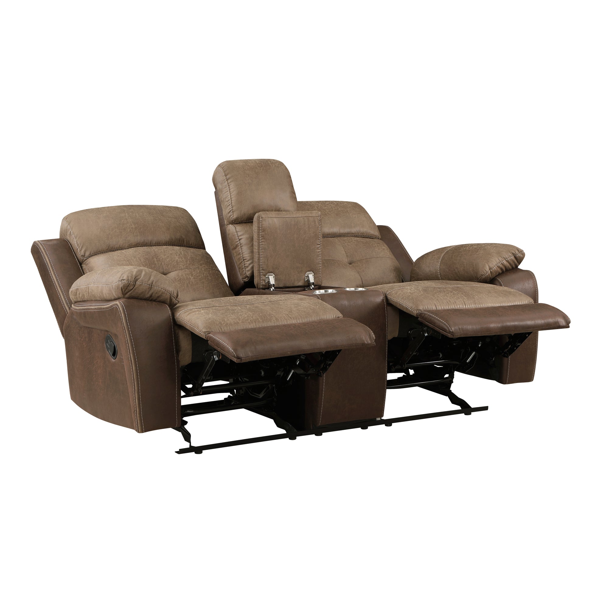 Plush Comfort Brown Microfiber Upholstered Solid Wood Frame Living Room Furniture 1Pc Dual Glider Reclining Loveseat With Center Console Plush Arms Brown Microfiber Wood Primary Living Space Contemporary,Modern Pillow Top Arms Plywood,Solid Wood