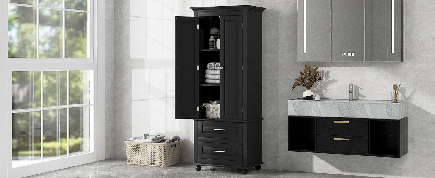 Tall Storage Cabinet With Two Drawers For Bathroom Office, Black Black Mdf