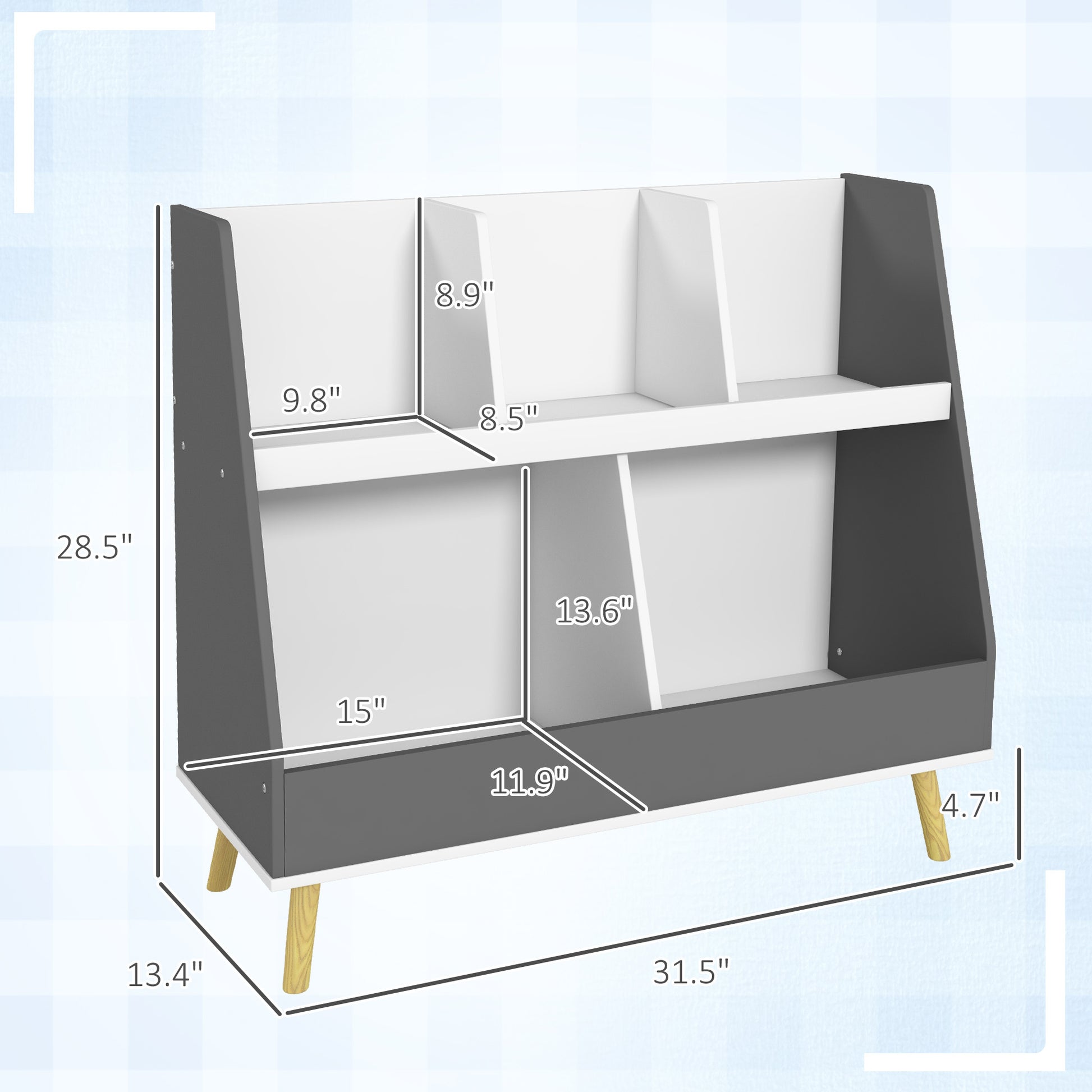 Qaba Kids Bookcase Toy Shelf, 2 Tier Toddlers Toy Storage Shelf With 5 Compartments, Anti Tip Device, Pine Wood Legs For Nursery, Playroom, Classroom, Gray Grey Mdf