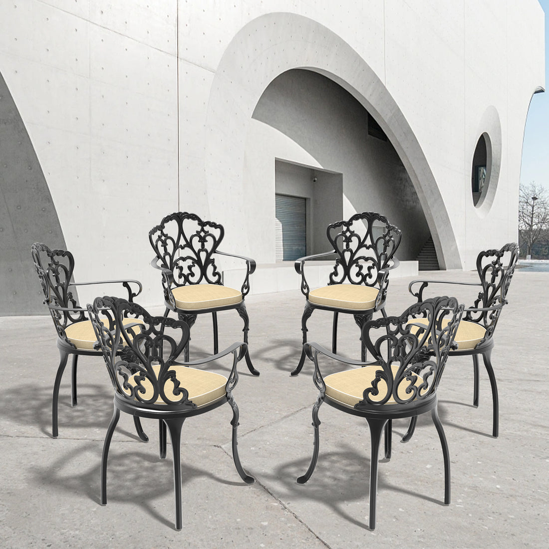 Cast Aluminum Patio Dining Chair 6Pcs With Black Frame And Cushions In Random Colors Yes Black Rust Resistant Frame Water Resistant Cushion Polyester Aluminium