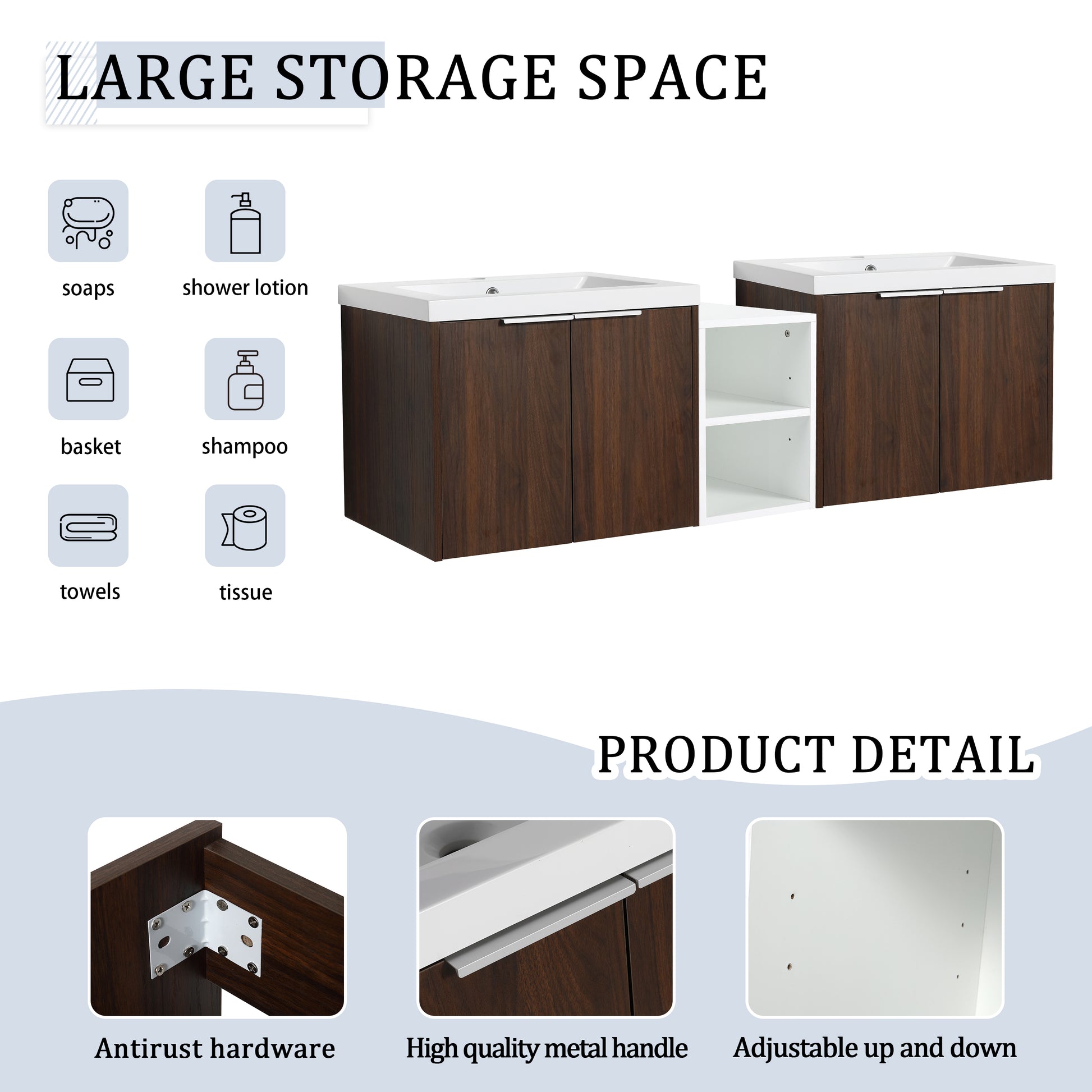 60 Inch Soft Close Doors Bathroom Vanity With Sink, A Small Storage Shelves, 24" And 12" Combination Cabinet, Kd Packing California Walnut 4 1 Bathroom Wall Mounted Modern Plywood