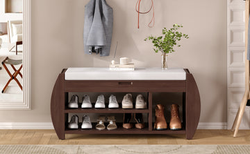 Retro Multifunctional Storage Bench With Cushion And Curved Side Panel For Entrance And Living Room Espresso Espresso Mdf