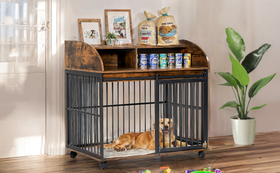 38'' Heavy Duty Dog Crate Furniture For Medium Dog With Lockable Wheels, Wooden Dog Crate Dog Kennel, End Table Crate With Double Layer Storage, Brown Brown Dog Engineered Wood