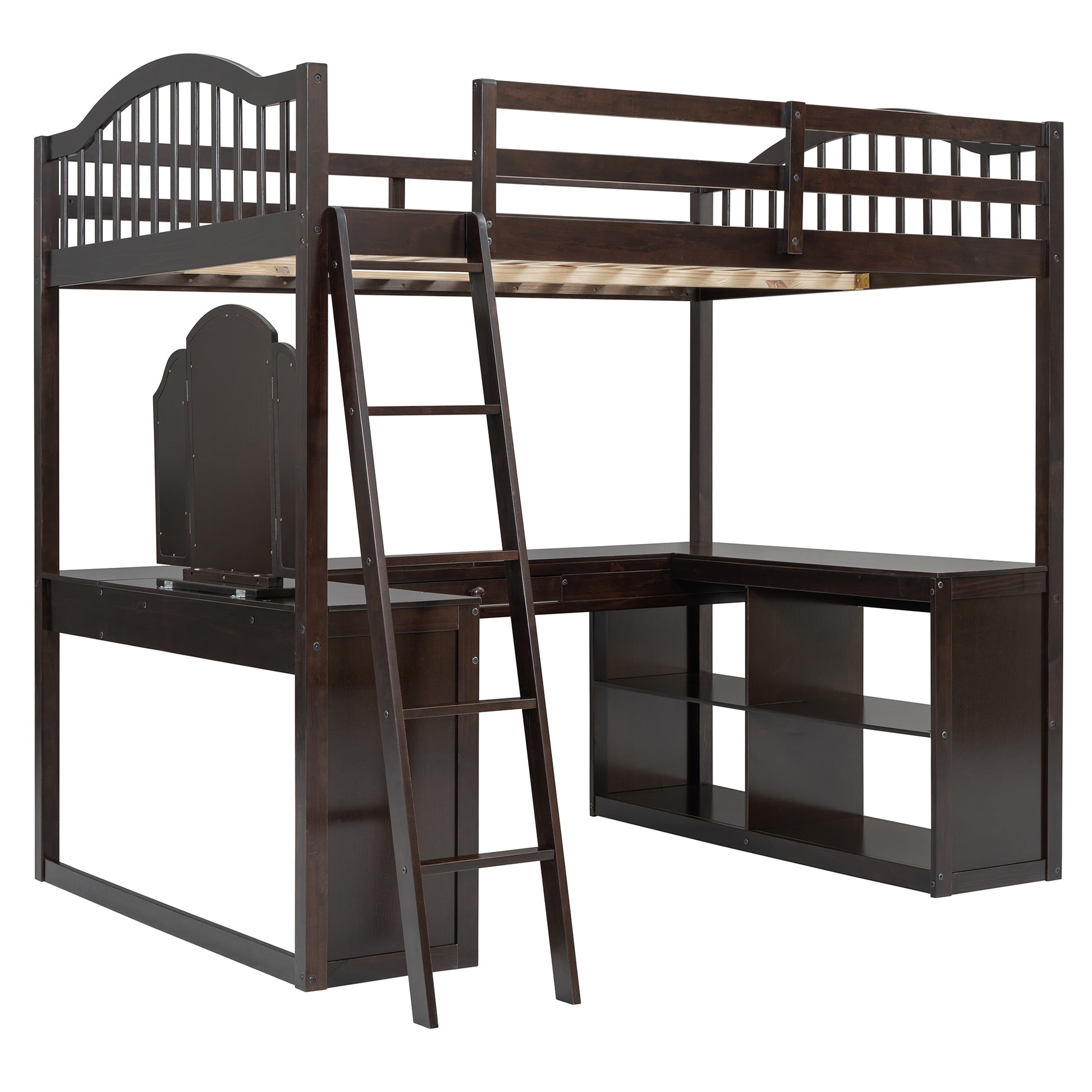 Full Wooden Loft Bed With U Shaped Desk,Storage Compartments And Tri Fold Mirror, Espresso Espresso Plywood,Solid Wood Mdf