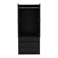 Armoire 71" H, With 2 Doors, 3 Drawers And 1 Hanging Rod, Black Black Solid Wood Mdf Engineered Wood