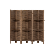 Room Divider 6 Panel, Wood Folding Room Divider Screen, Room Divider With Shelves And Easy Move Partition, Freestanding Room Screen Divider With Display Shelves Dark Brown Dark Brown Classic Wood