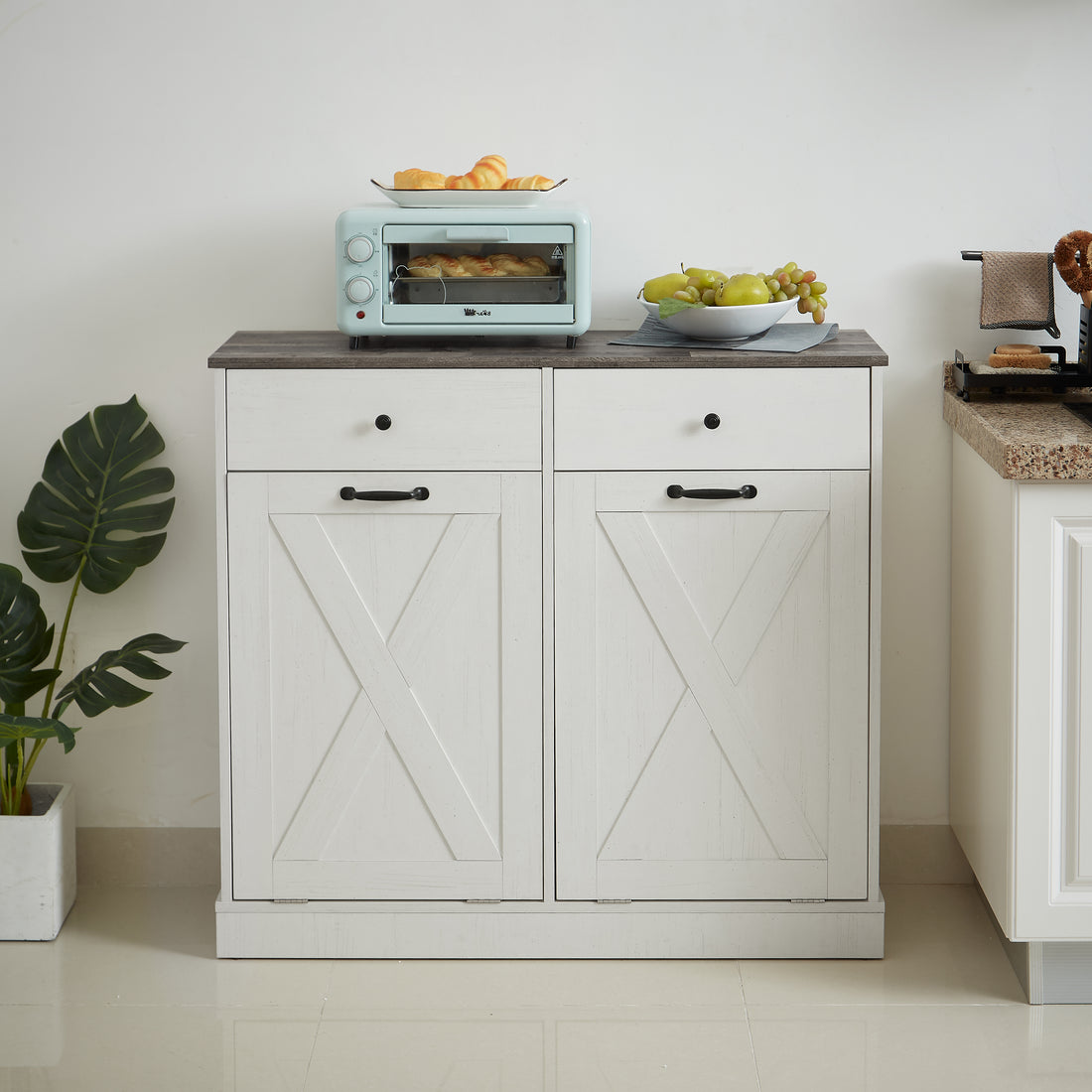 Wf003 Tc2 7034K Double Door Trash Can Tilt Trash Cabinet Kitchen Trash Can White White Solid Wood