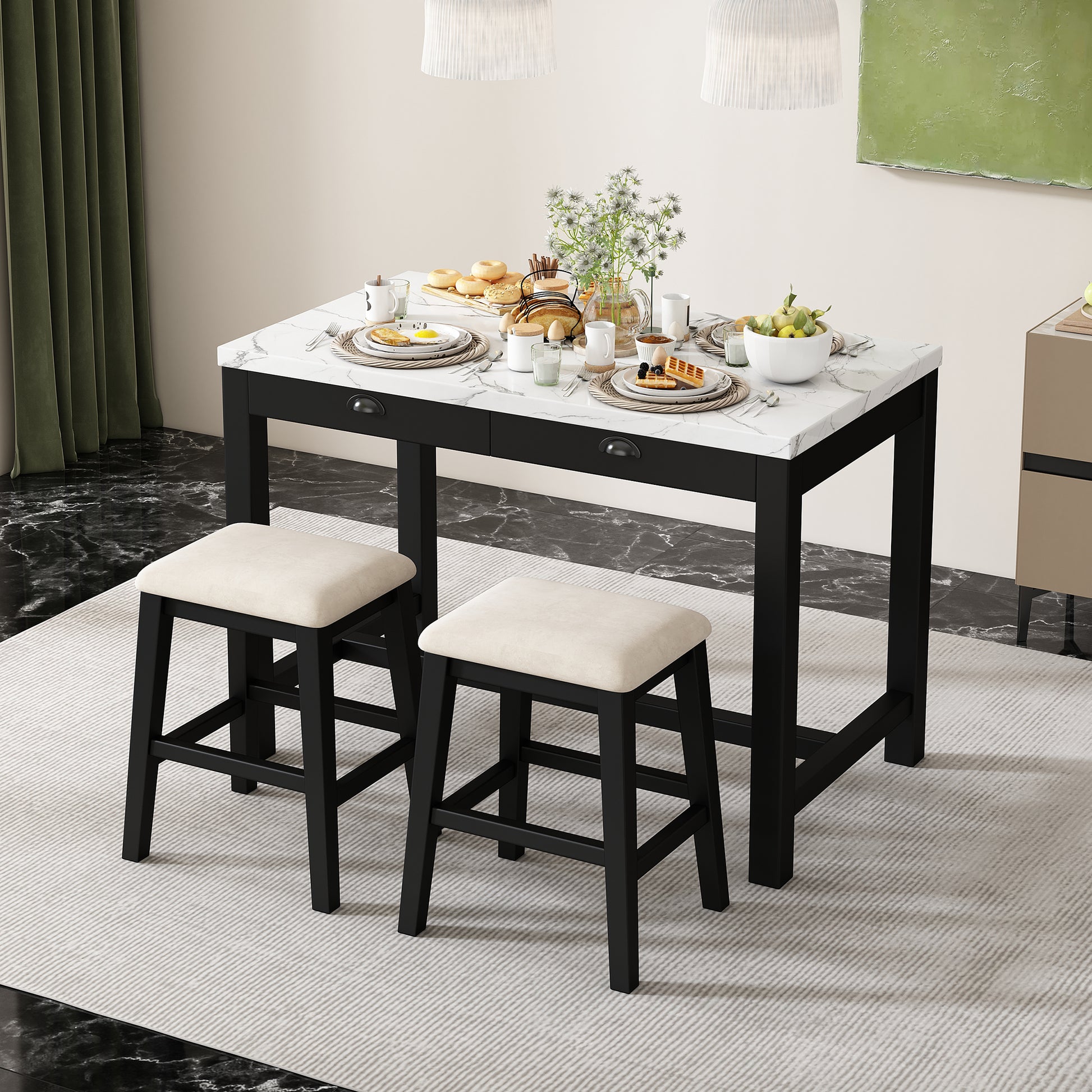 3 Piece Modern Faux Marble Versatile Bar Table Set With Storage Drawers And Padded Stools, Ideal For Space Saving Dining Nooks Or Small Kitchens Black Black Solid Wood Mdf