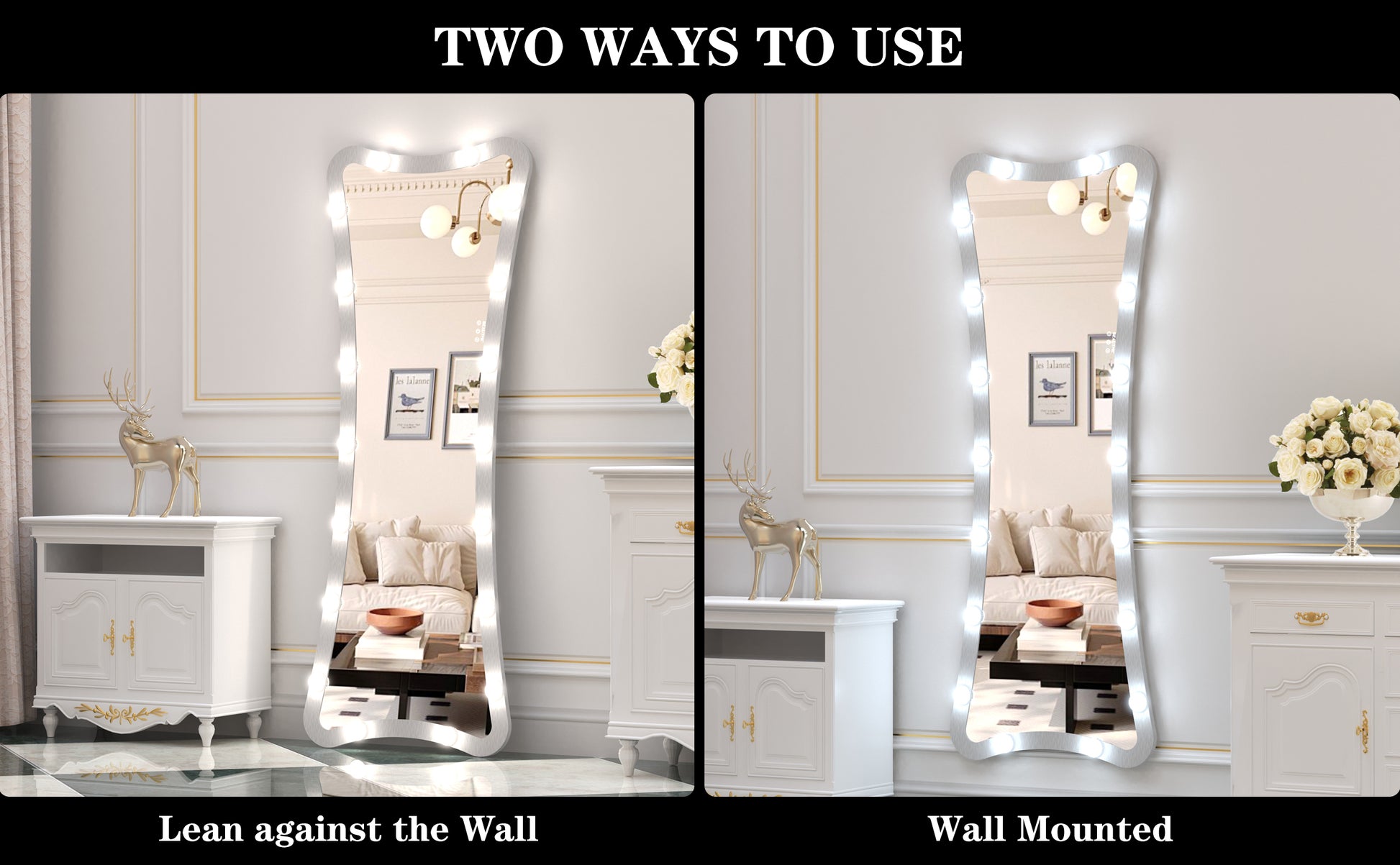 Hollywood Full Length Mirror With Lights Full Body Vanity Mirror With 3 Color Modes Lighted Standing Floor Mirror For Dressing Room Bedroom Wall Mounted Touch Control Silver 63"X24" Silver Aluminium