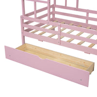 Wood Twin Size House Platform Bed With Guardrail And Drawer, Pink Box Spring Not Required Twin Pink Wood Bedroom Bed Frame Solid Wood Mdf