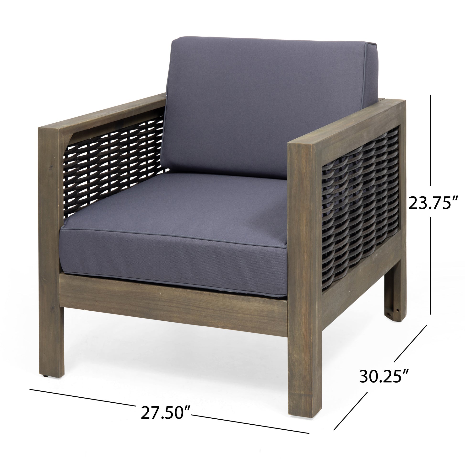 Outdoor Acacia Wood Club Chair With Wicker Accents, Gray Mixed Gray Brown, 30.25"D X 27.5"W X 23.75"H Gray Acacia Wood