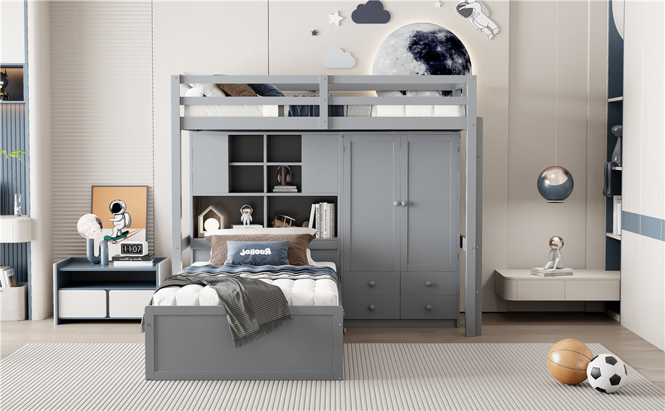 Twin Bunk Bed With Drawers, Wardrobe, Storage Shelves And Hydraulic Bed,Grey Grey Mdf Lvl