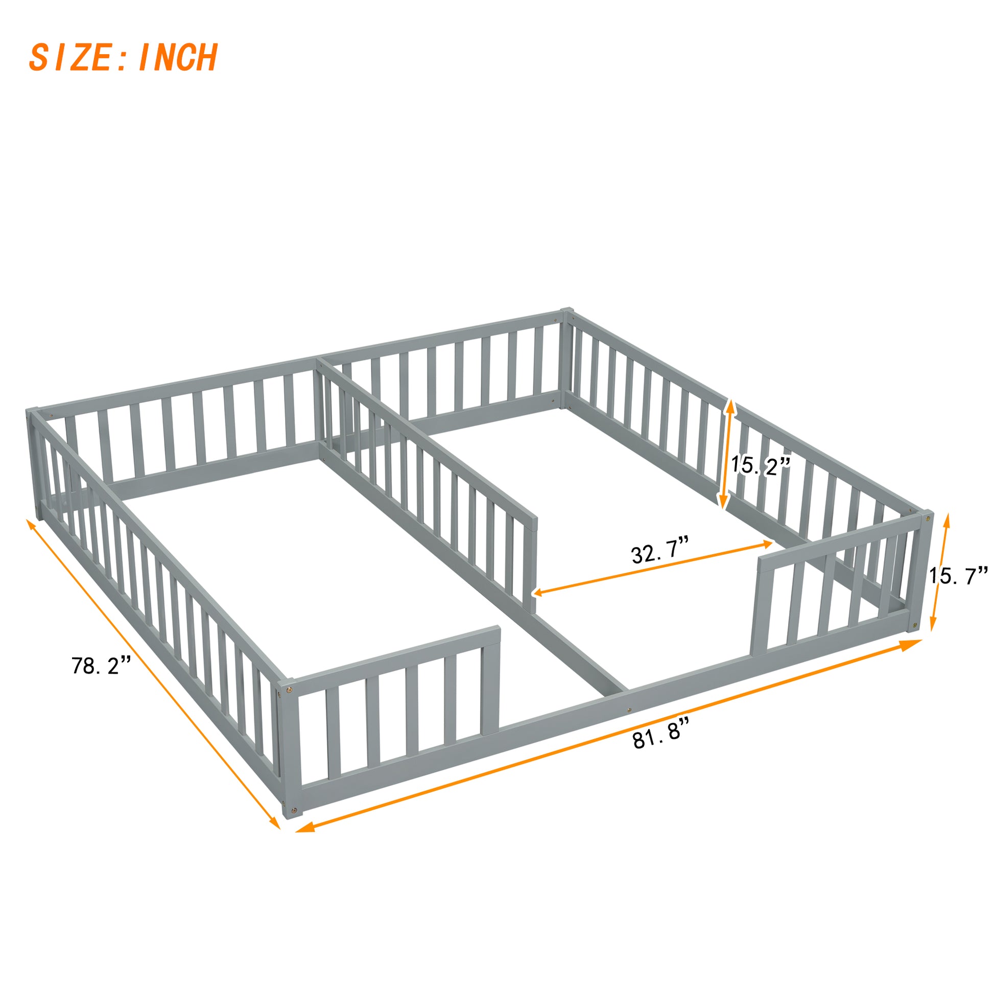 Double Twin Floor Bed With Fence, Guardrails, Without Door, Grey Twin Grey American Design Pine