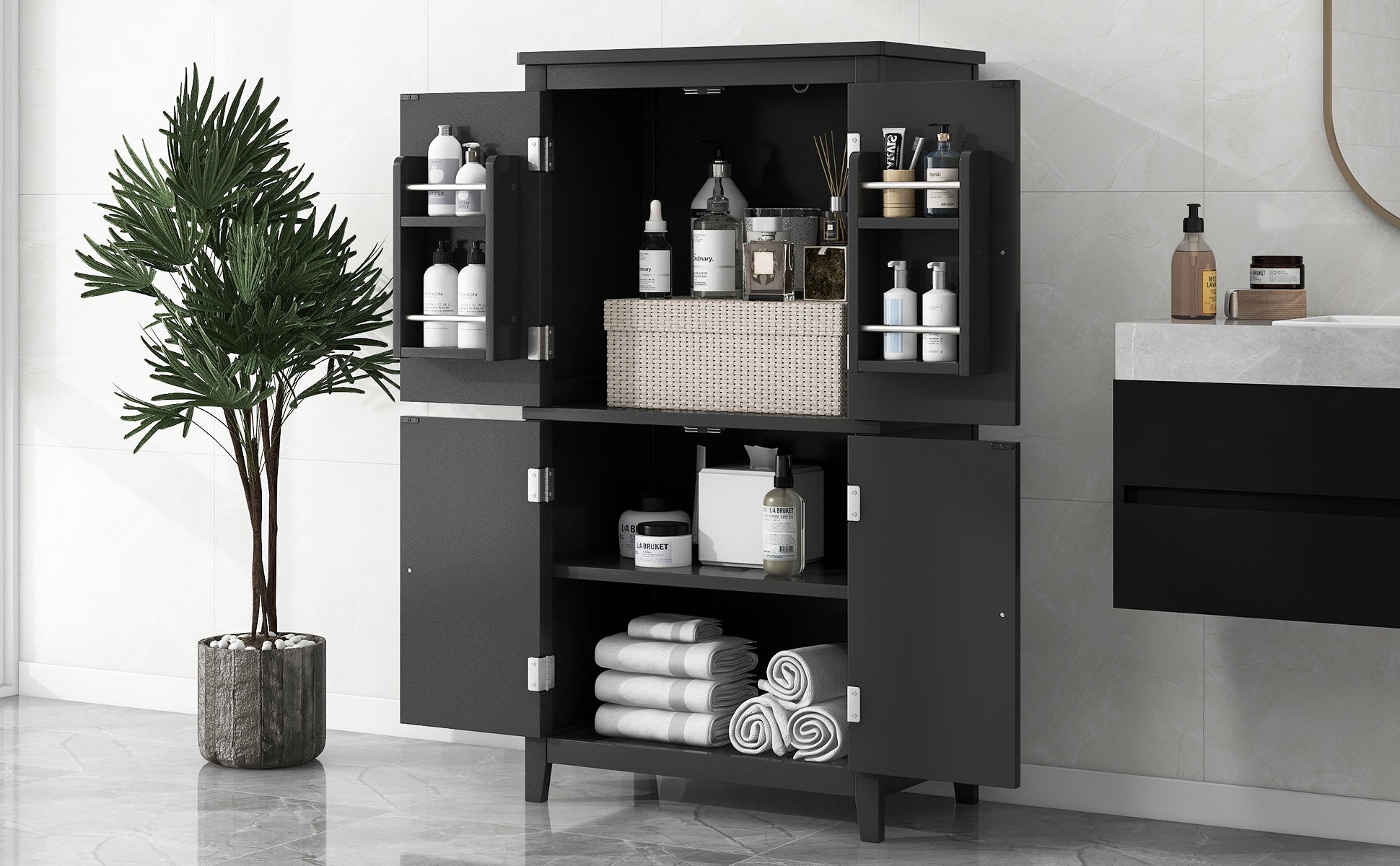 Elegant Bathroom Floor Storage Cabinet, Bathroom Storage Unit, Freestanding Cabinet With 4 Doors, Adjustable Shelves, Adaptable Shelves, Black Black Mdf