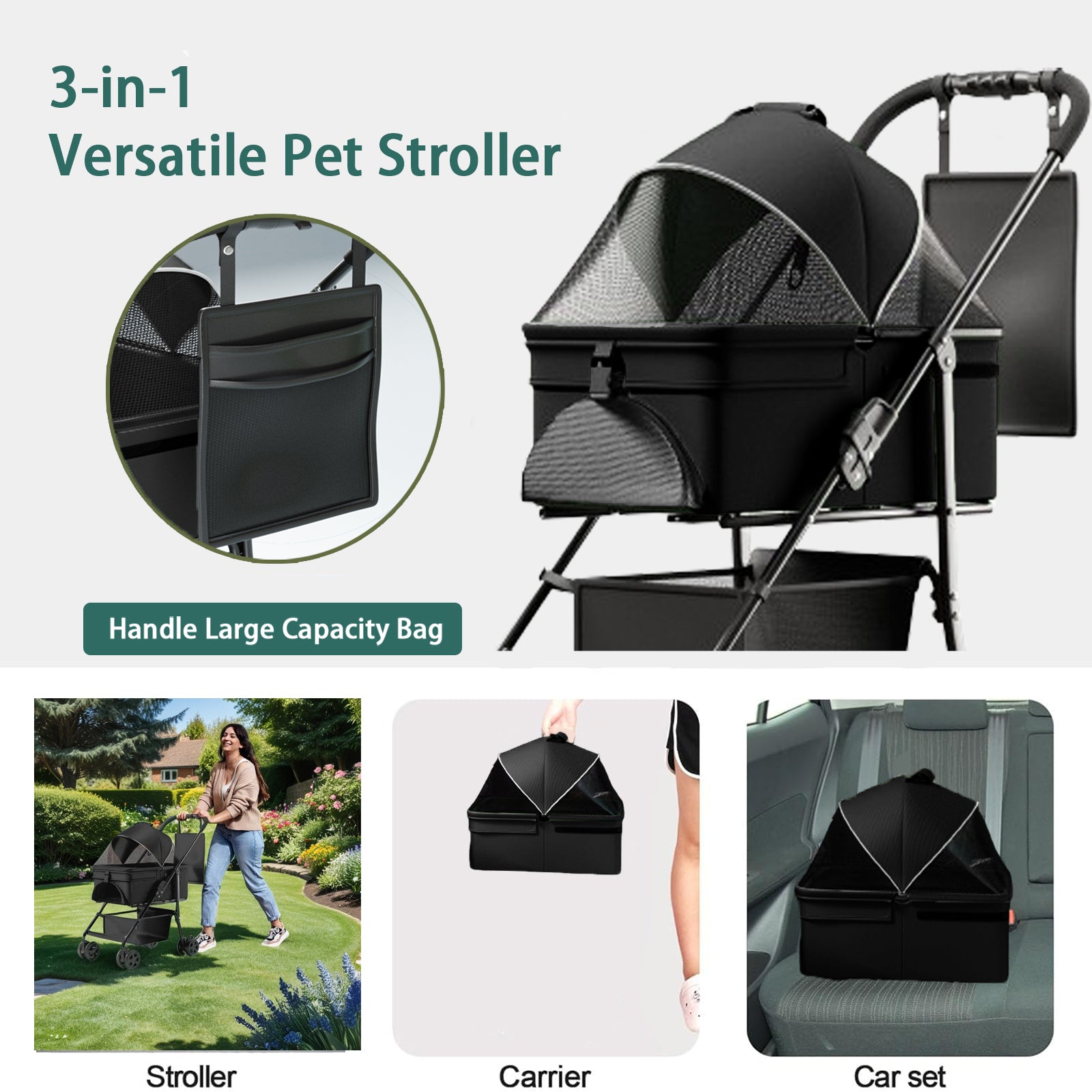 2 In 1 Folding Dog Stroller, Pet Folding Stroller, 4 Wheels Dog Cat Puppy Stroller W Removable Travel Carrier For Small Medium Pet, Waterproof Pad, Car Seat, Sun Shade Black Abs Steel Q235