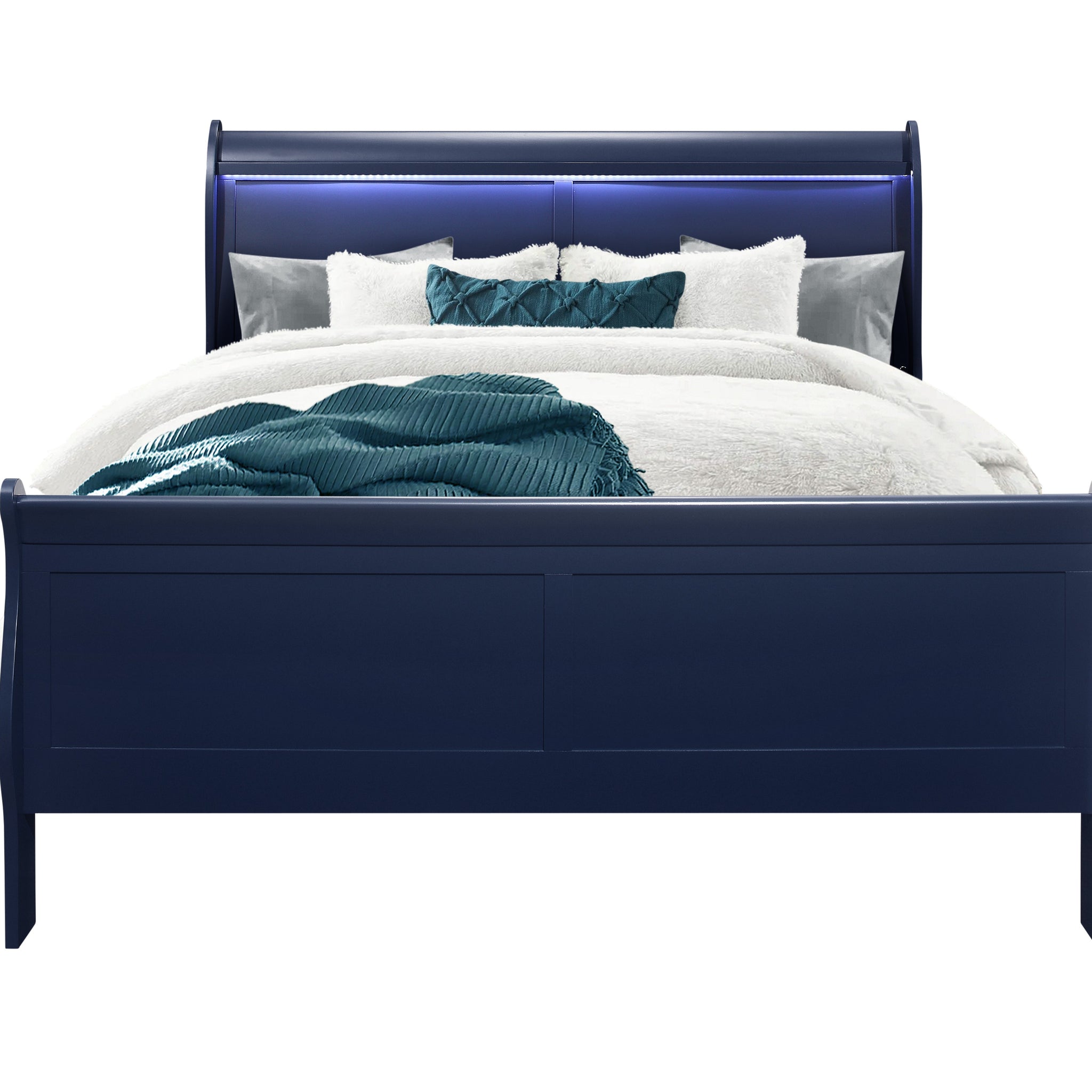 Charlston Blue Queen Bed With Led Blue Solid Wood Mdf