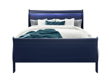 Charlston Blue Queen Bed With Led Blue Solid Wood Mdf