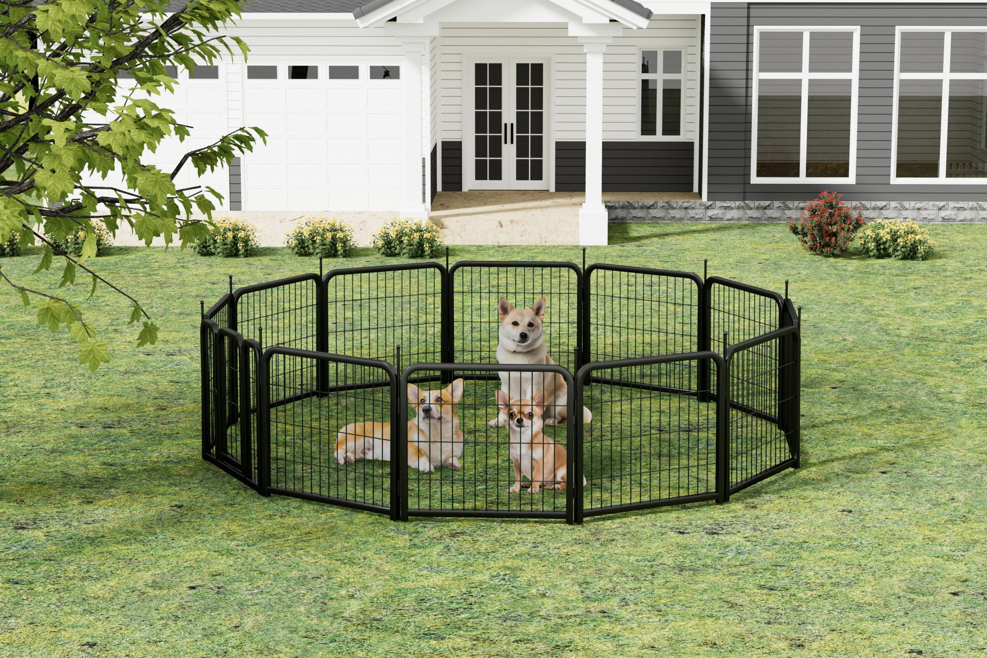 Dog Playpen Outdoor, 12 Panel Dog Fence 24" Pet Pen For Small Dogs Pet Exercise Pen For Puppy Rabbit Small Animals Portable Playpen For Rv Camping Garden Yard, Indoor. Black, 22.2'' W X 23.6'' H. Black Iron