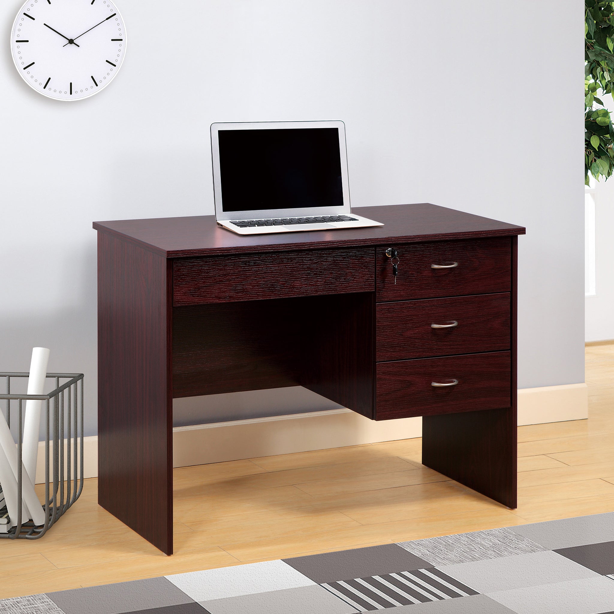 Three Locking Drawers On Metal Glides Student Desk Work Desk Modesty Panel Metal Bar Handles Mahogany Color Mahogany Particle Board Mdf