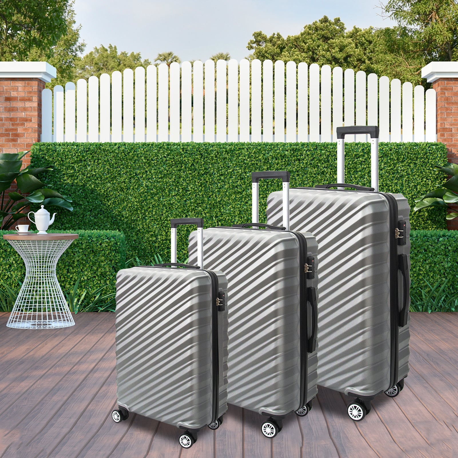 3 Piece Hard Shell Luggage Set With Tsa Lock Spinner Wheel Abs Lightweights Checked Convenient Stackable Suitcase Woman Men 20 24 28 Silver Grey Abs