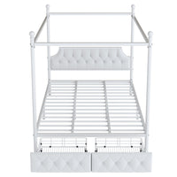 Queen Size Metal Canopy Platform Bed With Upholstered Headboard And Two Storage Drawers, White Queen White Metal