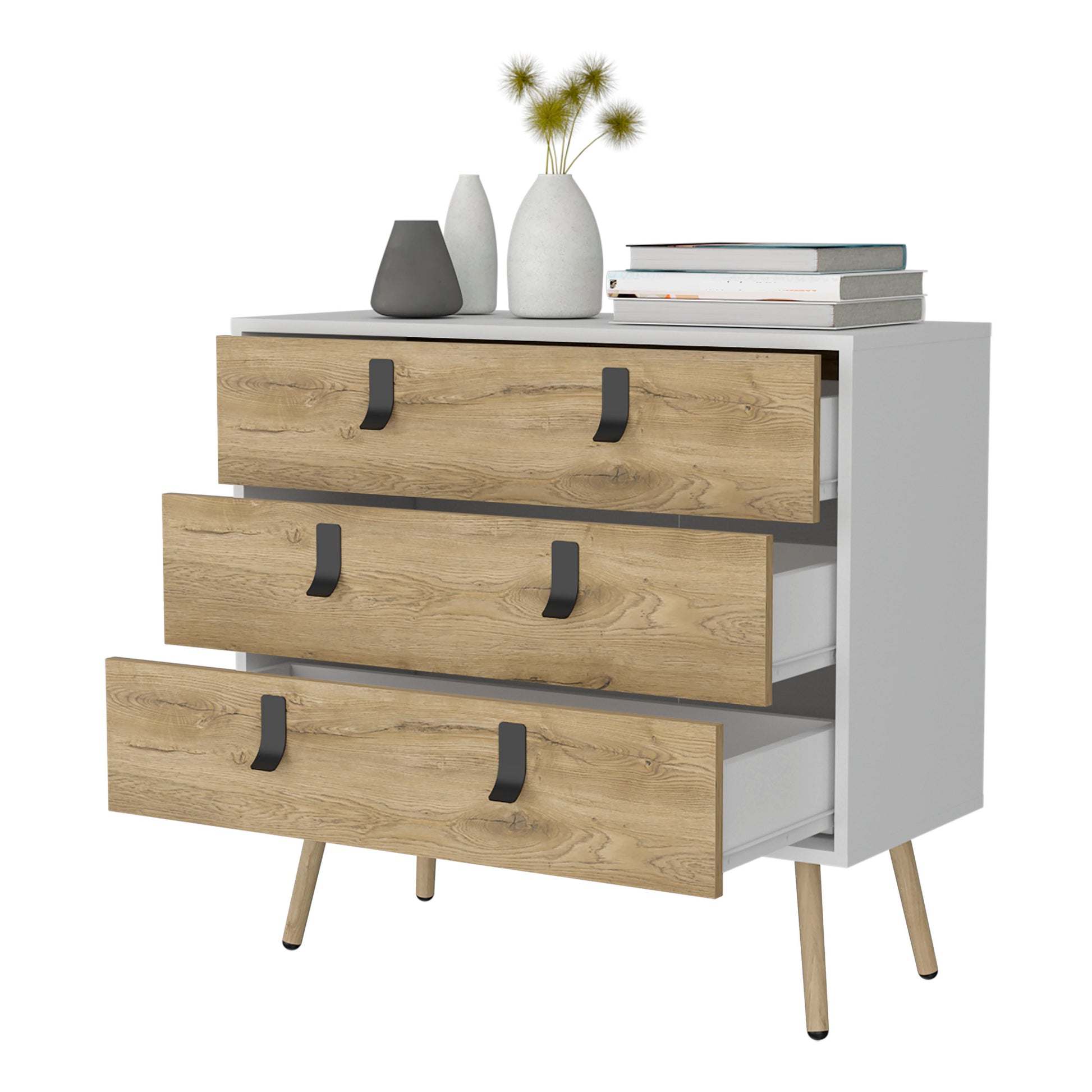 Kimball 3 Drawer Dresser, Modern Chic Storage With Wooden Legs Multicolor Particle Board Engineered Wood