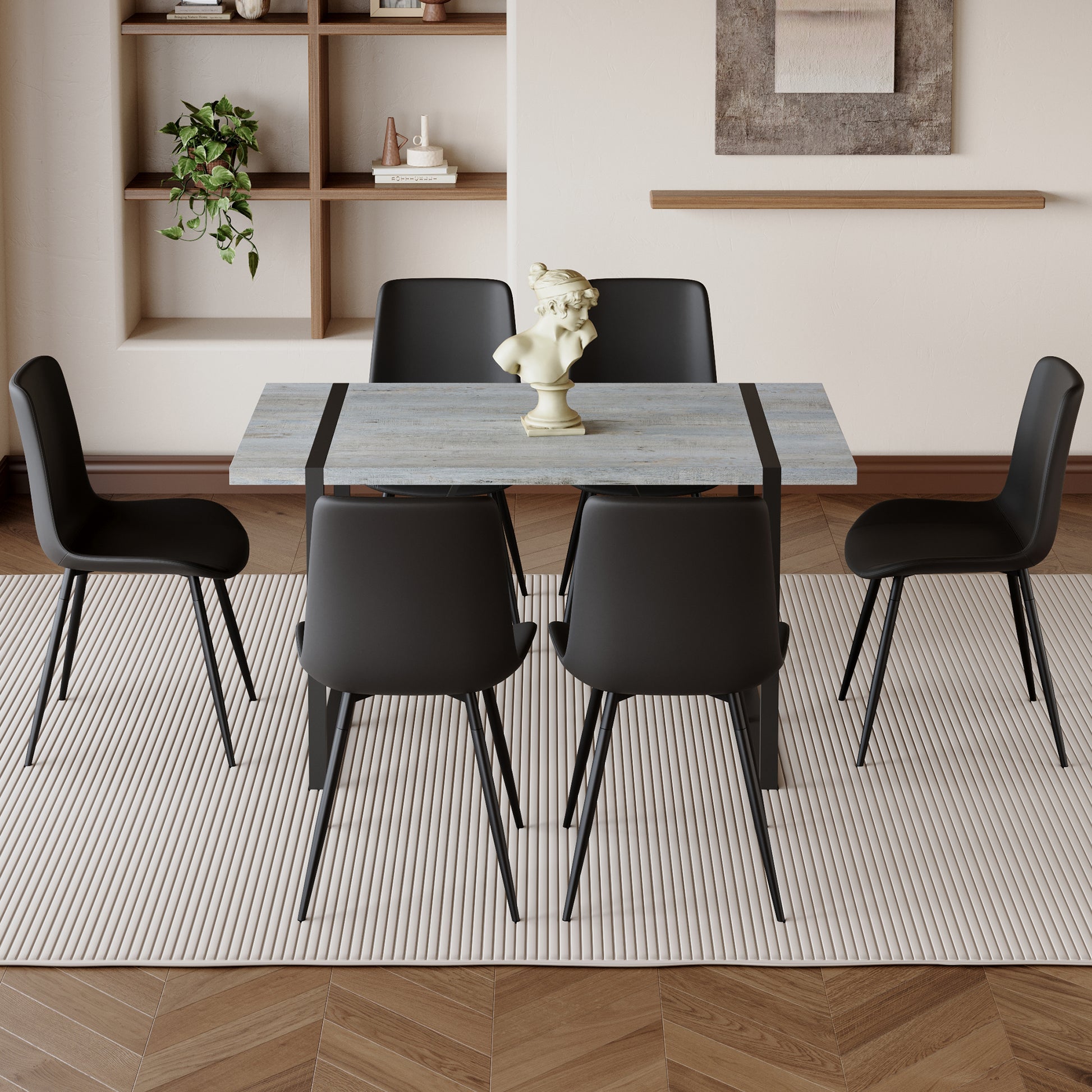 Table And Chair Set. Modern Minimalist Grey Marble Textured Mdf Dining Table With Metal Frame. Comes With Chairs With 6 Pu Cushions And Black Metal Legs. Black Seats 6 Mdf Metal