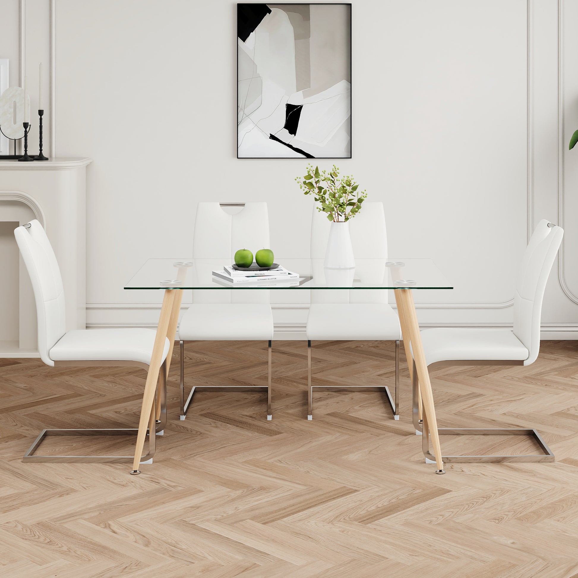 Modern Simple Rectangular Glass Dining Table, Solid Tempered Glass Countertop, Wood Transfer Metal Table Legs, White Pu Dining Chair Set, Suitable For Restaurant Kitchen Use Set Of 5 Metal Glass White Pu Seats 4 Metal Rectangular Dining Table With Chair