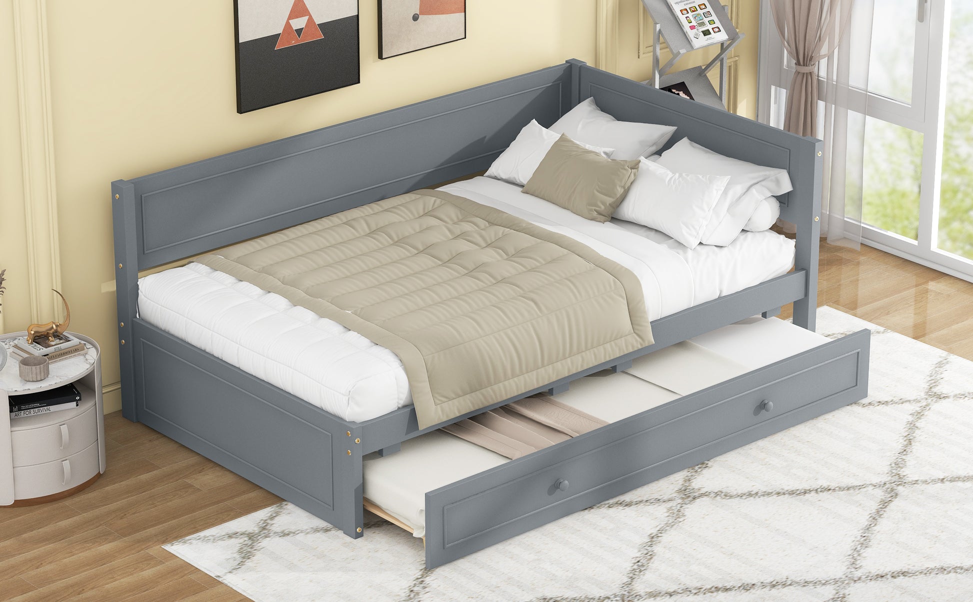 Twin Size Wood Daybed With Trundle And Guardrail, Gray Box Spring Not Required Gray Wood Solid Wood Mdf