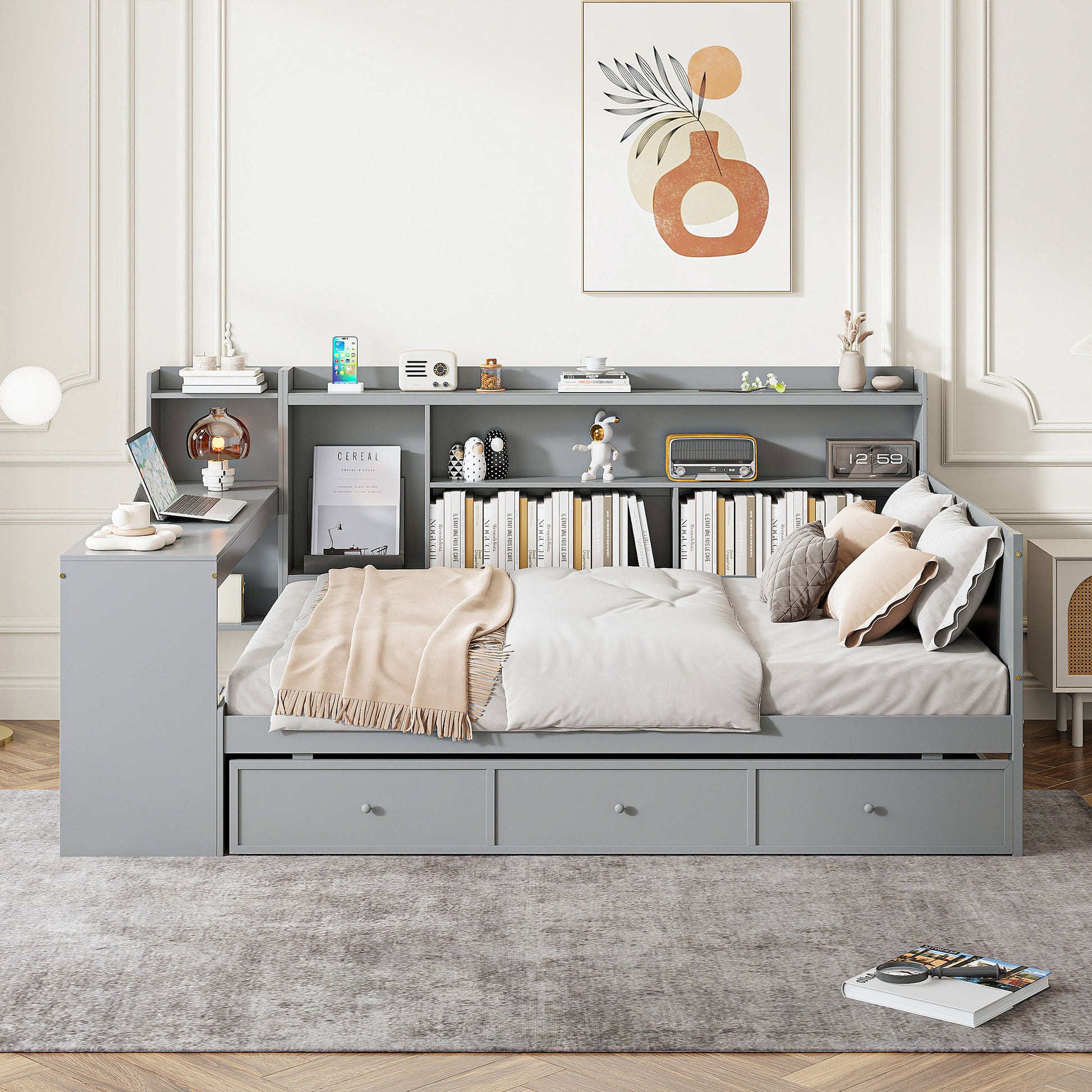 Full Size Wooden Daybed With 3 Drawers, Usb Ports And Deskgray Twin Gray Wood