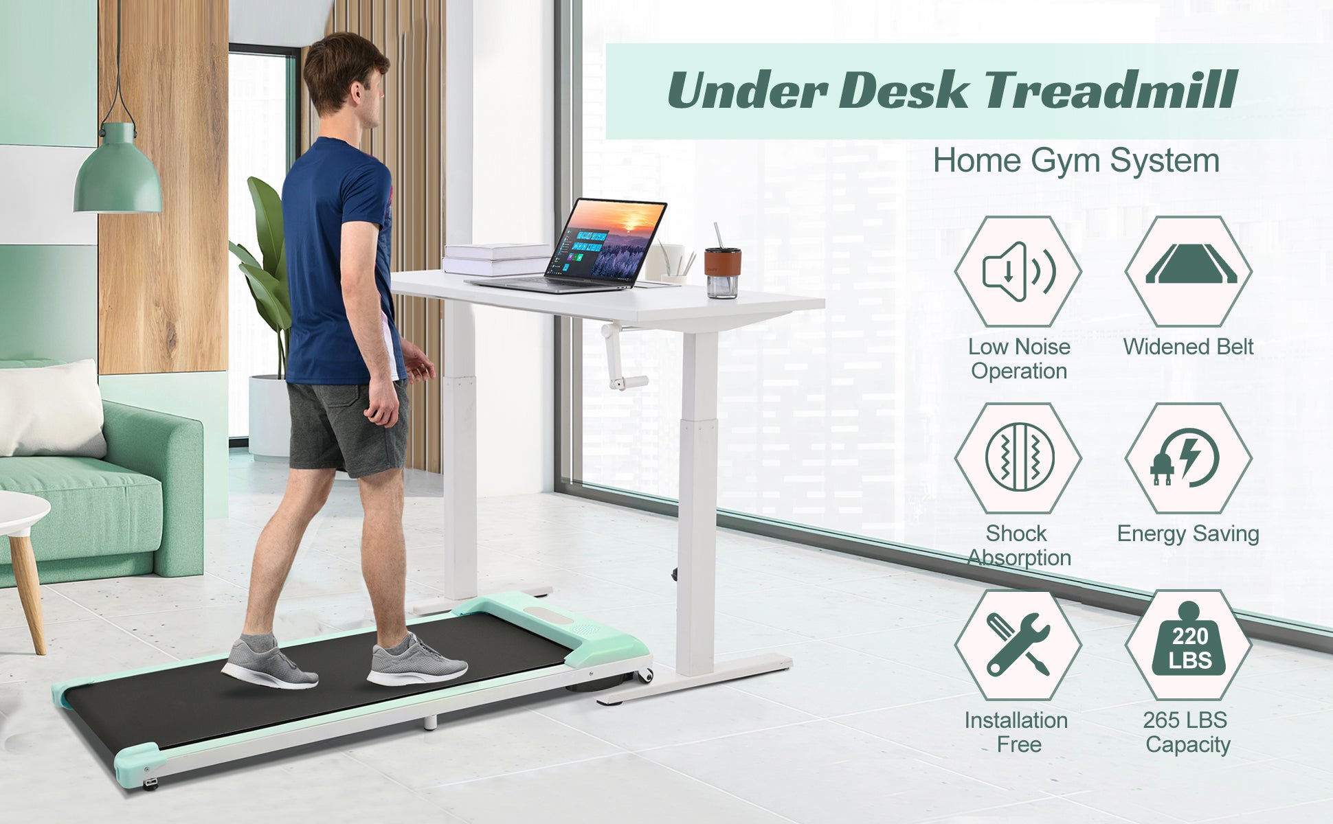 2 In 1 Under Desk Electric Treadmill 2.5Hp, Remote Control, Display, Walking Jogging Running Machine Fitness Equipment For Home Gym Office Green Metal