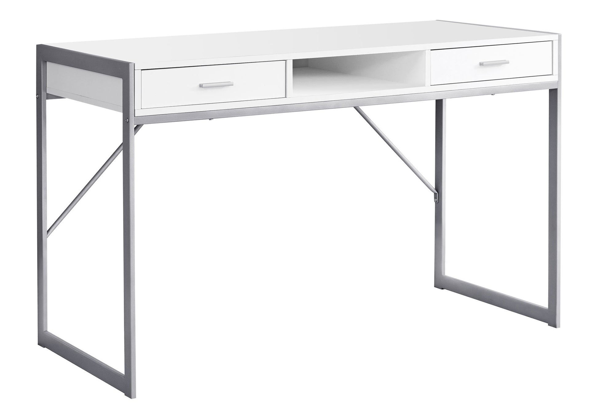 Computer Desk, Home Office, Laptop, Storage Drawers, 48"L, Work, White Laminate, Grey Metal, Contemporary, Modern White Mdf