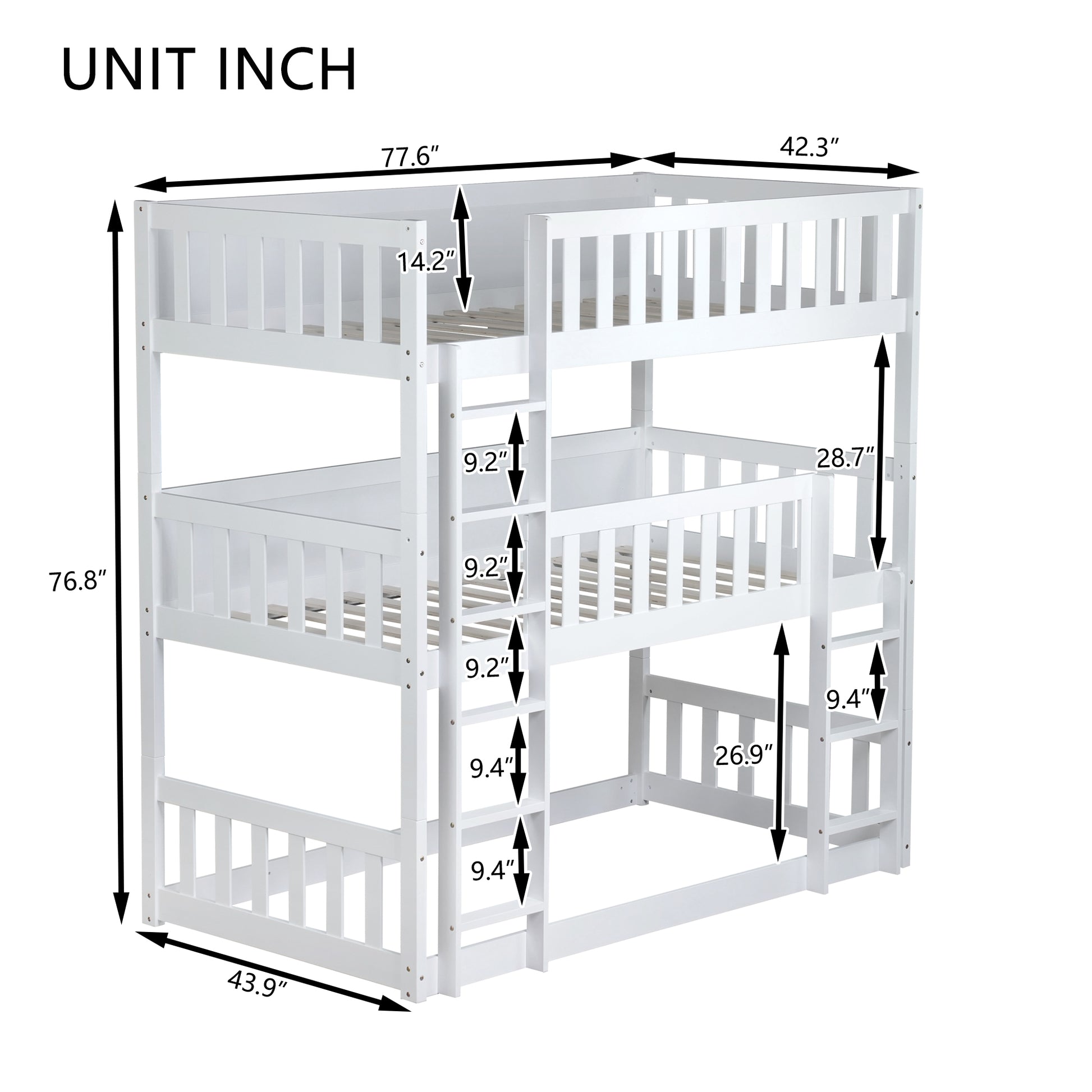 Twin Size Triple Rubber Wood Bunk Bed, With Ladders, Guardrails Detachable Bunk Bed, Twin Over Twin Over Twin,White Twin White Bedroom American Design Bed Frame Rubber Wood