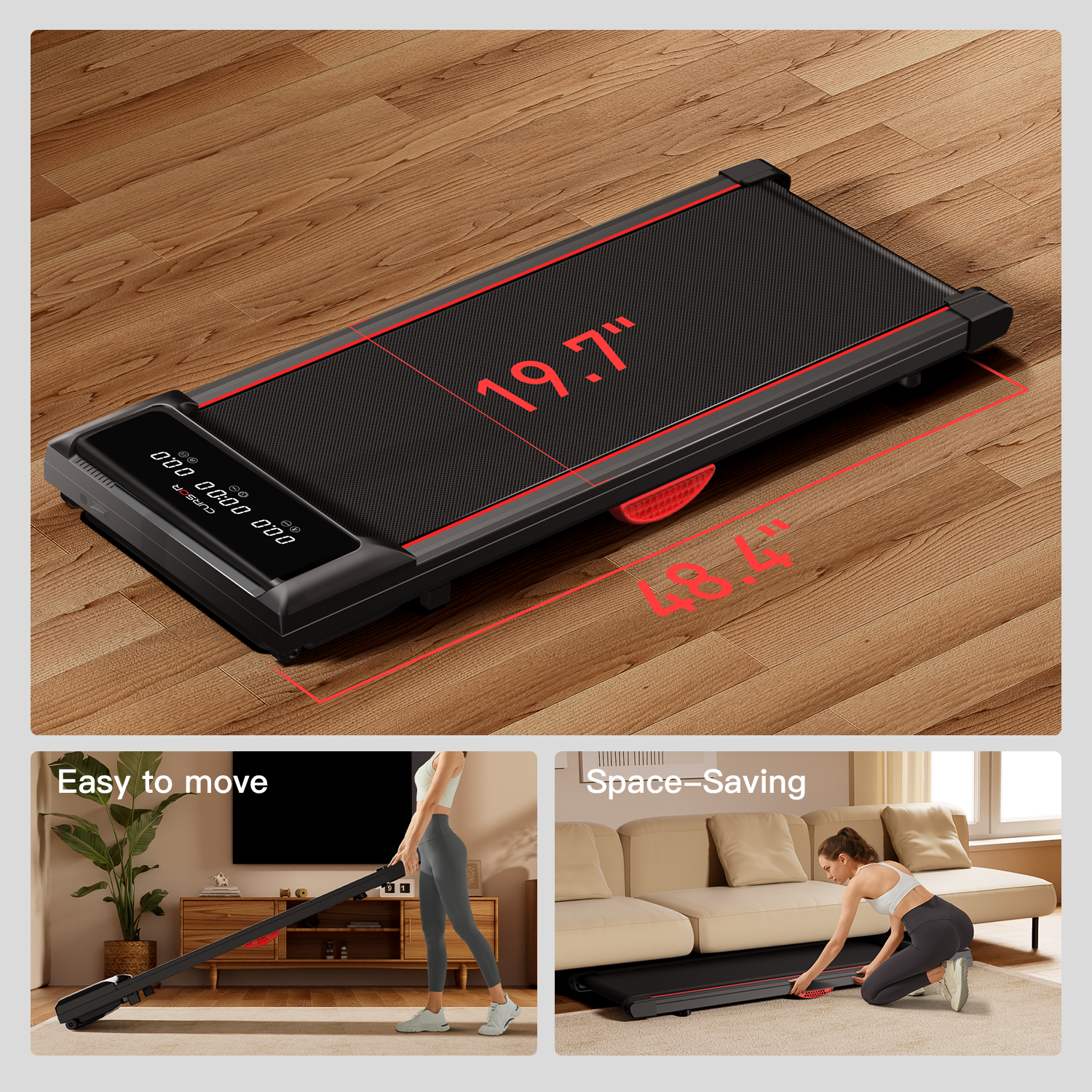 Under Desk Treadmill, Walking Pad For Home Small, 2.5 Hp Quiet Brushless Motor, 265 Lbs Indoor Fitness Black Red Handheld Foldable Office Modern Training Support Aluminium Abs Rubber Steel Q235