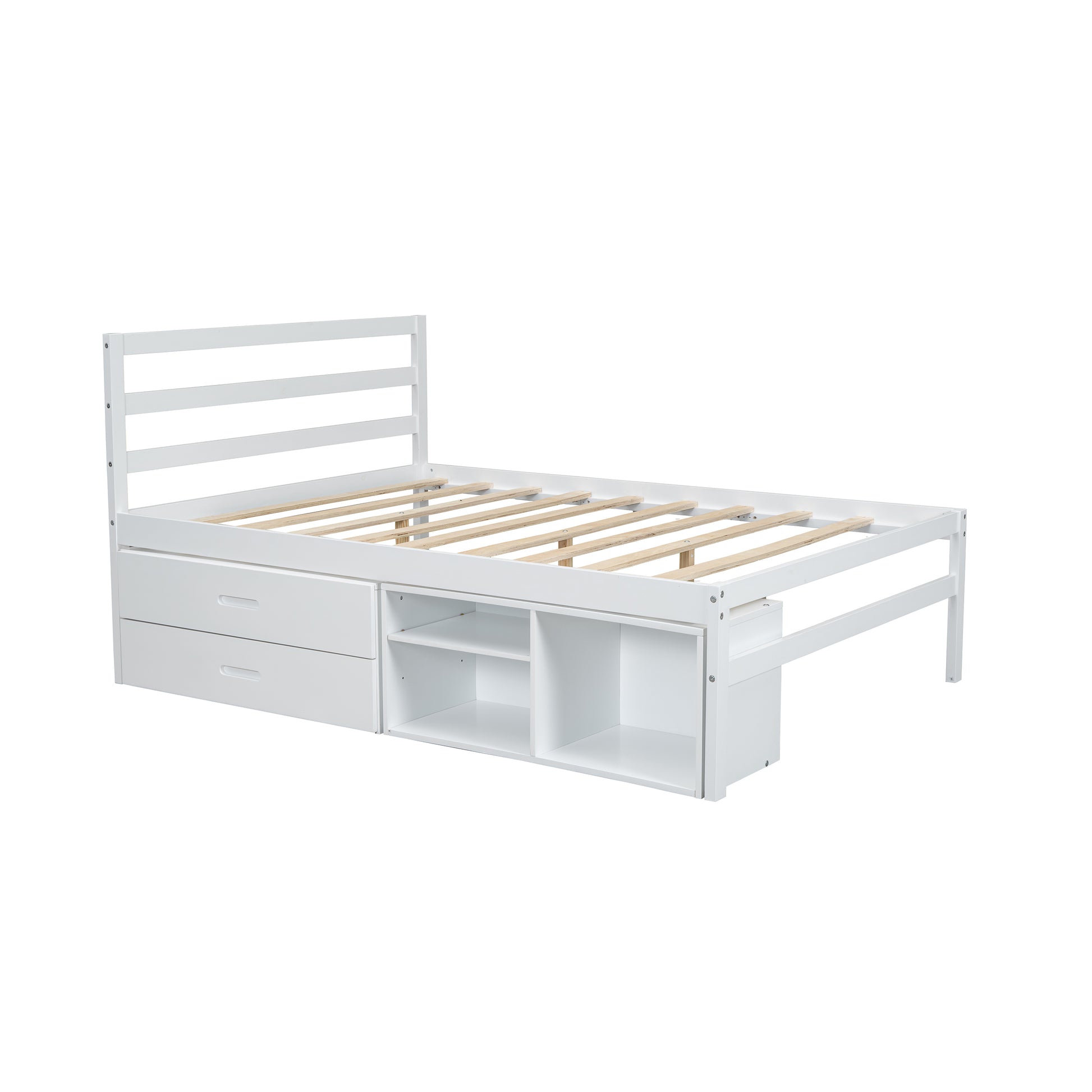 Full Size Wood Platform Bed With Removable Storage Shelves, Built In Two Storage Drawers For Added Convenience, White Full White Wood