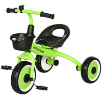 Qaba Kids Tricycle For Toddlers Age 2 5 With Adjustable Seat, Toddler Bike For Children With Basket, Bell, Handlebar Grips, Green Green Metal