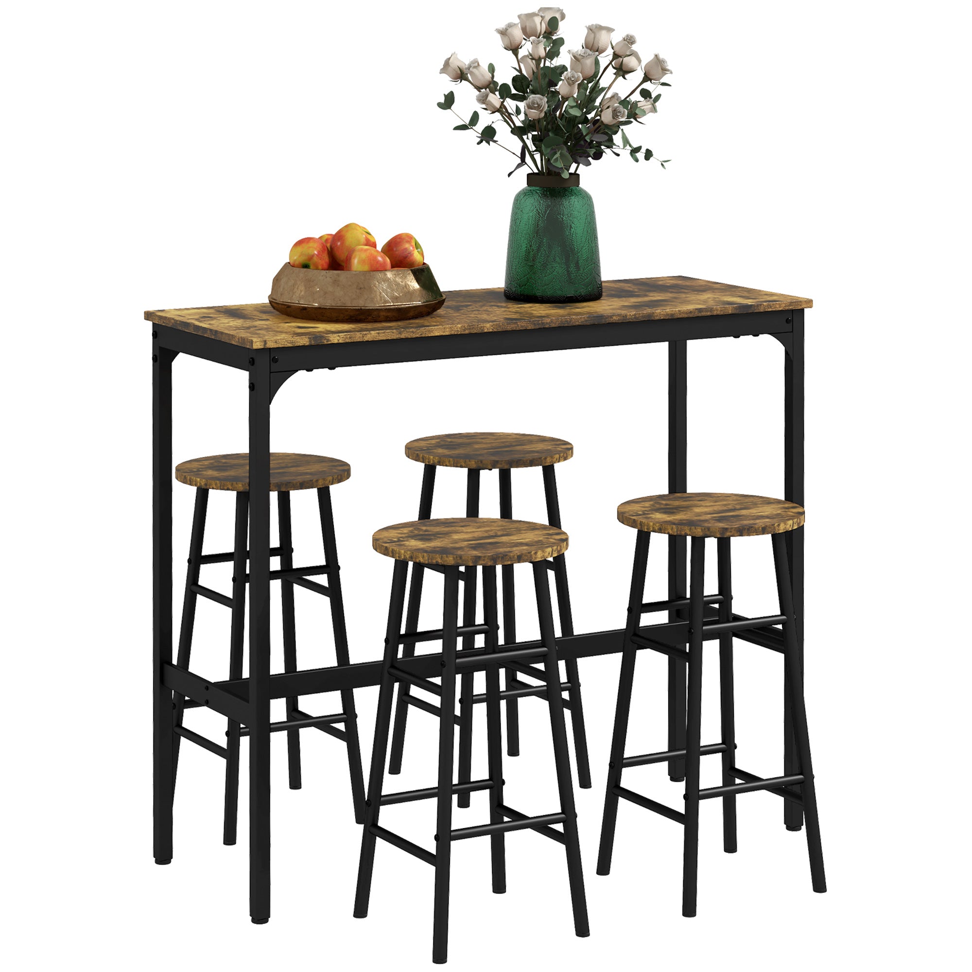 Homcom Bar Table Set For 4, Industrial High Top Table With Bar Stools, 5 Piece Small Kitchen Table And Chairs For Pub, Dining Room, Rustic Brown Rustic Brown Mdf