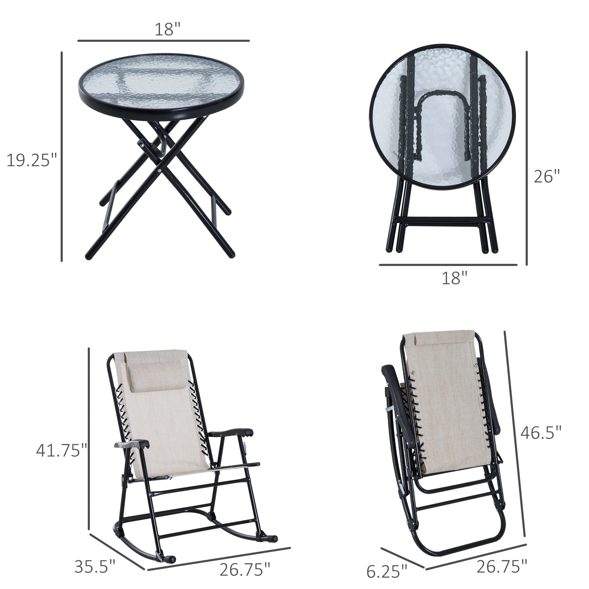 Outsunny 3 Piece Outdoor Rocking Chair Set, Patio Folding Lawn Rocker Set With Glass Coffee Table, Headrests For Yard, Patio, Deck, Backyard, Cream White Cream White Fabric